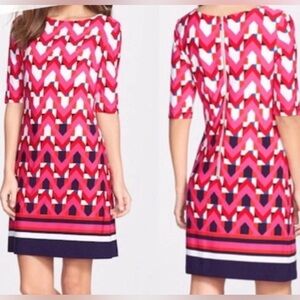 Eliza J Pink and Red Sheath Dress with Bateau Neckline